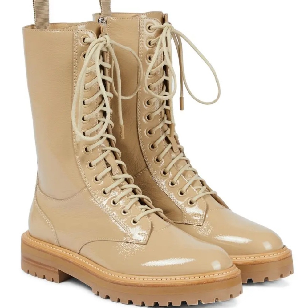 JIMMY CHOO Cora Beige Brown Patent Leather Combat Boots US 9